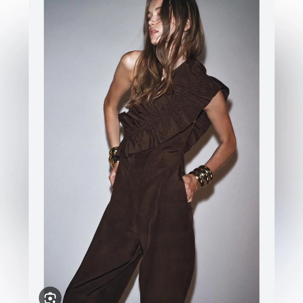 Zara NWT brown asymmetrical linen blend ruffle jumpsuit 8460/501 - Picture 2 of 7